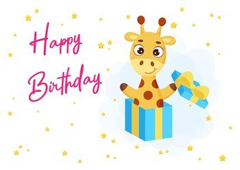 Happy Birthday printable party greeting card with cute little giraffe jumping from gift box. Birthday party invitation card template. Bright colored stock vector illustration