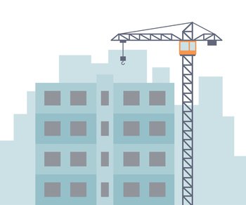 Tall construction crane and construction house. Vector illustration isolated in flat style on white background.. Tall construction crane and construction house. Vector illustration