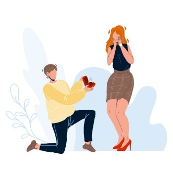 Man Proposing Beautiful Woman To Marry Vector. Young Boy Proposing Marriage Surprised Woman. Character Guy With Engagement Ring Making Proposal To Beloved Girlfriend Flat Cartoon Illustration. Man Proposing Beautiful Woman To Marry Vector