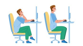 In Ergonomic Posture Sit Man At Computer Vector. Worker Guy Sitting In Ergonomic Posture At Screen Workplace. Character In Correct Pose Working At Workspace Flat Cartoon Illustration. In Ergonomic Posture Sit Man At Computer Vector