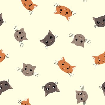 Cute cartoon cat faces seamless pattern. Design sketch element for textile, prints for clothes. Vector illustration.