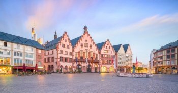Old town square romerberg in downtown Frankfurt, Germany at sunrise