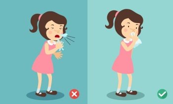 Girl right and wrong sneezing in hand and handkerchief,illustration.vector