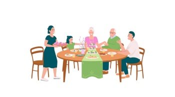Happy family at dining table for Easter flat color vector detailed characters. Festive dinner. Spring holiday celebration isolated cartoon illustration for web graphic design and animation. Happy family at dining table for Easter flat color vector detailed characters