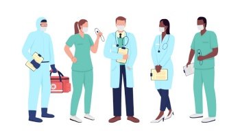 Healthcare workers flat color vector faceless character set. Medical service staff. Doctor in medical mask. Essential work isolated cartoon illustration for web graphic design and animation collection. Healthcare workers flat color vector faceless character set