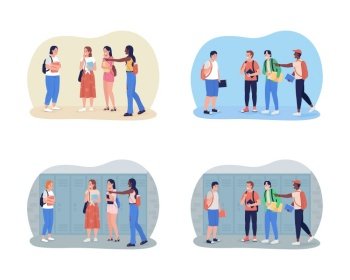 Bullying teenagers at school 2D vector isolated illustration set. Peer pressure. Classmates mock girl and boy flat characters on cartoon background. Teenager problem colourful scene collection. Bullying teenagers at school 2D vector isolated illustration set