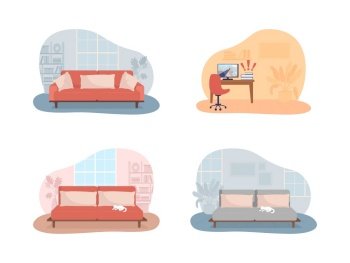 Living room and bedroom 2D vector isolated illustration. Sofa with cushions. Desk with computer screen. Lifestyle and living. Cosy apartment flat interior on cartoon background. Home colourful scene. Living room and bedroom 2D vector isolated illustration