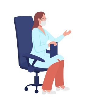 Woman doctor with mask sitting on chair semi flat color vector character. Full body person on white. Consulting office isolated modern cartoon style illustration for graphic design and animation. Woman doctor with mask sitting on chair semi flat color vector character