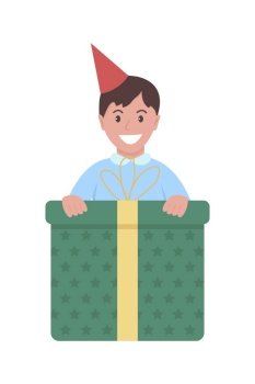 Birthdayboy with large gift box semi flat color vector character. Full body person on white. Birthday surprise for kid isolated modern cartoon style illustration for graphic design and animation. Birthdayboy with large gift box semi flat color vector character