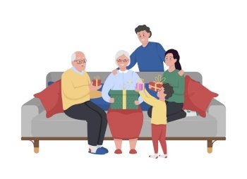 Big family celebrating grandma birthday semi flat color vector characters. Full body people on white. Giving gifts to granny isolated modern cartoon style illustration for graphic design and animation. Big family celebrating grandma birthday semi flat color vector characters