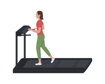 Girl running on treadmill semi flat color vector character. Full body person on white. Treadmill workout for weight burning isolated modern cartoon style illustration for graphic design and animation. Girl running on treadmill semi flat color vector character