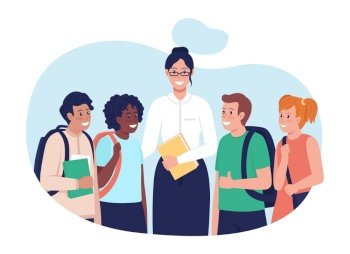 Teacher with students 2D vector isolated illustration. Happy multiracial people flat characters on cartoon background. Children after lesson. Tutor with her students colourful scene. Teacher with students 2D vector isolated illustration