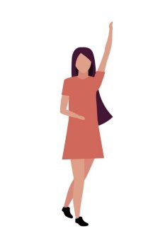 Young woman with hand up semi flat color vector character. Posing figure. Full body person on white. Girl cheering up isolated modern cartoon style illustration for graphic design and animation. Young woman with hand up semi flat color vector character