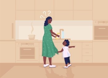 Kid distracts mother flat color vector illustration. Mom busy doing housework. Toddler demands attention from parent. Family 2D cartoon characters with kitchen interior on background. Kid distracts mother flat color vector illustration