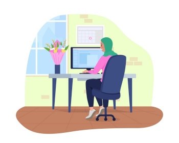 Workplace with gifted bouquet 2D vector isolated illustration. Female employee received flowers. Woman sitting at computer desk flat character on cartoon background. Office colourful scene. 2D vector isolated illustration