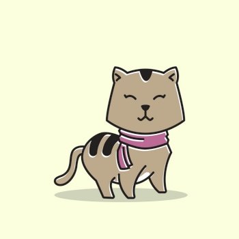 Cute Cat Kitten Scarf Standing Smiling Cartoon