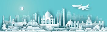Travel India with ancient and modern building with Water reflection. Business travel poster and postcard.Travelling city to landmarks of asia with architecture cityscape background.Vector illustration