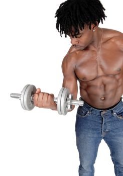 A close up image of an African American man standing shirtless and working out with his dumbbell, isolated for white background