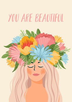 Vector illustration with woman in flower wreath. International Women s Day concept for card, poster, flyer and other users. Vector illustration with woman in flower wreath. International Women s Day concept for card, poster, flyer and other