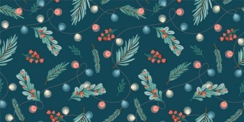 Christmas and Happy New Year seamless pattern. Garlands, christmas tree, light bulbs, berries. New Year symbols.Trendy retro style. Vector design template.. Christmas and Happy New Year seamless pattern. Garlands, christmas tree, light bulbs, berries. New Year symbols.