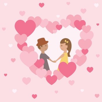 Cute Vector graphic of the couples hold their hands in the heart-shaped windows made from heart collage, all on the pink background suitable for love occasions, Valentines, and etc.