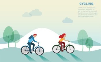 Young couple man and woman riding bicycle in park. Idea for exercising, active heallthy lifestyle, eco friendly transportation. Best for website and landing page.