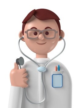 Cartoon character 3d avatar middle age smiling caucasian male professional doctor isolated on white