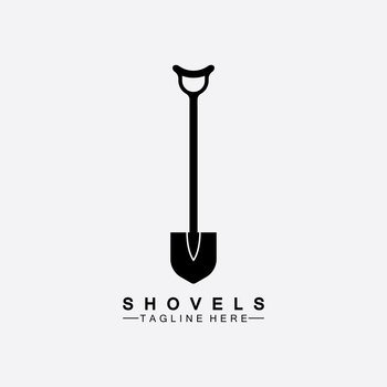 Shovel icon logo vector illustration design.Black Shovel icon logo isolated on white background. Shovel silhouette. Gardening tool. Tool for horticulture, agriculture, farming. Logo design template element. Vector Illustration