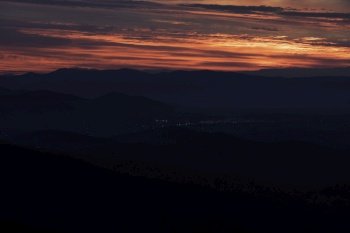 Neon skies over the Shenandoah Valley at sunset from Shenandoah National Park in Virginia.
