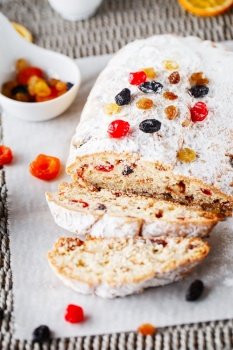 Holiday baking. Christmas cake. Stollen is fruit bread of nuts, spices, dried or candied fruit, coated with powdered sugar. It is traditional German bread eaten in the Christmas season. New year prep