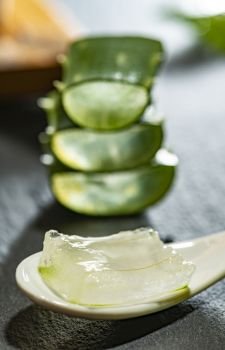 Aloe vera slices on dark background and spoon with aloe gel. Health and beauty concept. Closeup aloe pieces on backlight.