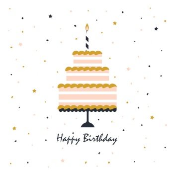 Card with birthday cake and candle, confetti on white background, cute festive print with greeting. happy birthday card with cake