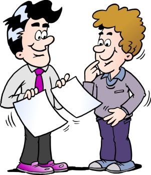 Cartoon illustration of a happy business man standing and looking at two papers