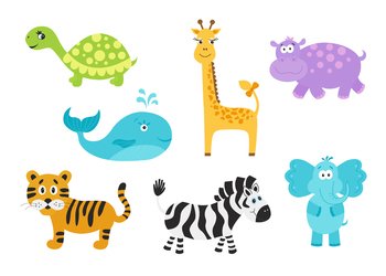 Set of cute cartoon  animals for baby goods.  Giraffe,  elephant, hippo, turtle; tiger; zebra; whale in flat style. Funny icons. Vector illustration isolated on white  background.