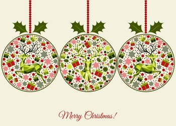 Christmas greeting  card.  Happy New Year background. Xmas ball with    reindeer, gifts and  snowflakes. Red, green  tree decoration. Colorful pattern.  Vector template  for greeting  card.