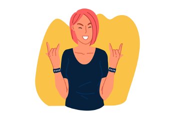 Youth, carefree lifestyle concept. Rocker fan girl showing devil horns gesture, rock music admirer with metal hand sign, rock n roll concert spectator, excitement expression. Simple flat vector. Youth, carefree lifestyle concept