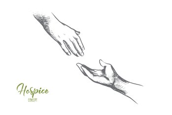 Hospice concept. Hand drawn one person ready help to another. Hand holding elder hand in hospice care isolated vector illustration.. Hospice concept. Hand drawn isolated vector.