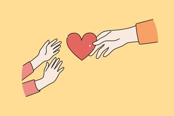 Taking care and parent child love concept. Hands of adult person giving red heart to childish hands reaching for it over yellow background vector illustration . Taking care and parent child love concept