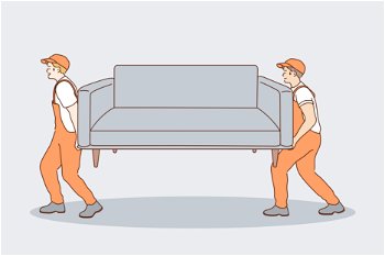 Support, help, delivery, work concept. Young team of strong smiling workers movers professionals cartoon characters carrying couch together. Partnership and transportation of furniture illustration.. Support, help, delivery, work, teamwork concept