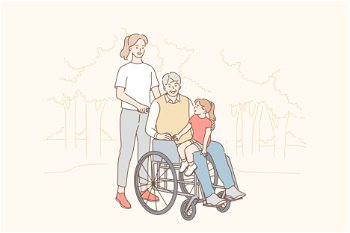 Health, care, disability, medicine, family, love concept. Young woman mother riding disabled handicapped grandfather in wheelchair kid child granddaughter on knees. Happy relationship medical support.. Health, care, disability, medicine, family, love concept