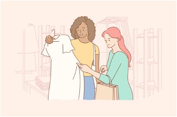 Friendship, shopping, recreation, fashion, beauty concept. Young woman and african american girl friends customers choosing swapping trendy clothes at shop. Consumption and stuff exchage buying dress.. Friendship, shopping, recreation, fashion, beauty concept