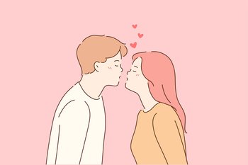 Kiss, love, romantic dating concept. Profile portrait of young happy loving couple boy and girl reaching for each other in kiss with eyes closed over pink background vector illustration. Kiss, love, romantic dating concept