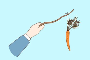 Carrot and stick Reward and punishment concept. Businessman hand holding Carrot on stick for manipulating, rewarding and making punishment on workers vector illustration . Carrot and stick Reward and punishment concept