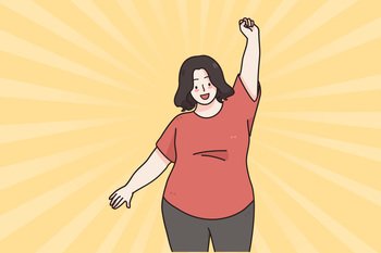 Body positive and acceptance concept. Happy smiling oversize woman cartoon character posing and dancing in feeling confident and positive vector illustration . Body positive and acceptance concept.