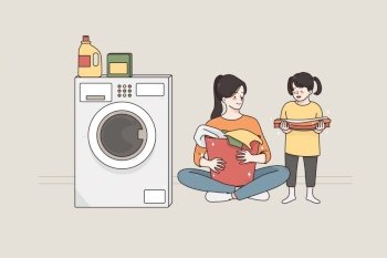 Laundry and spending time with children concept.Young smiling happy woman and her small daughter cartoon characters sitting on floor preparing dirty clothes for washing together vector illustration . Laundry and spending time with children concept