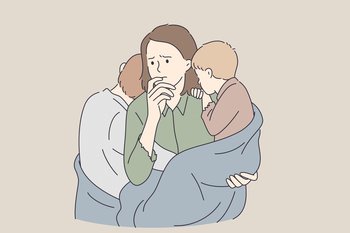 Poverty, single mother, troubles concept. Young sad unhappy mother woman cartoon character with two children standing feeling upset having no enough money for food and living . Poverty, single mother, troubles concept