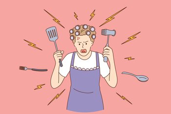 Crazy housewife at home concept. Young crazy angry woman cartoon character in apron cooking with cookware in hands over red background vector illustration . Crazy housewife at home concept