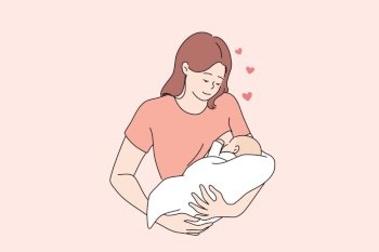 Breastfeeding, happy motherhood and childhood concept. Happy loving young woman mother feeding her baby with breast milk vector illustration . Breastfeeding, happy motherhood and childhood concept