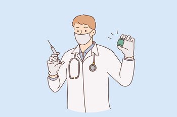Vaccination, doctor and medicine concept. Young smiling man doctor in medical mask and uniform standing holding syringe ready to make injection vector illustration . Vaccination, doctor and medicine concept