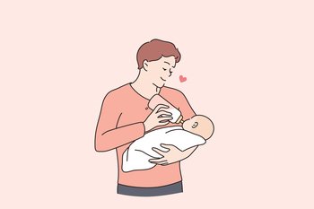 Happy fatherhood and childhood concept. Young father holding his little baby drinking milk from bottle in father hands feeling love and care vector illustration . Happy fatherhood and childhood concept.